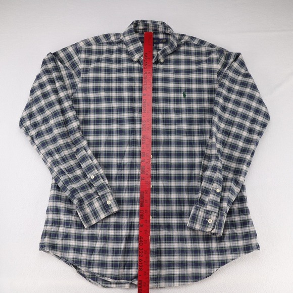 Ralph Lauren Mens Custom Fit Plaid Button Down Shirt Large Navy Blue Green Pony - Picture 5 of 9